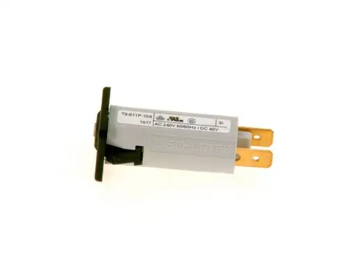 Bosch Sicherungsautomat mit zwei goldenen Steckanschlüssen und grauem Gehäuse, beschriftet mit elektrischen Spezifikationen für AC und DC.